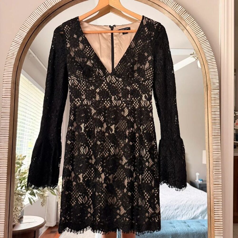 Marciano Black Lace Mini Dress Bell Sleeve Deep V Cocktail Party XS